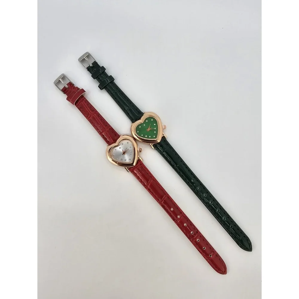 2X Girl's Women's Watch Heart Shape Green Red Dial 28MM Green‎ Red Leather Bands